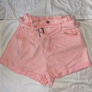 pink paperbag denim shorts